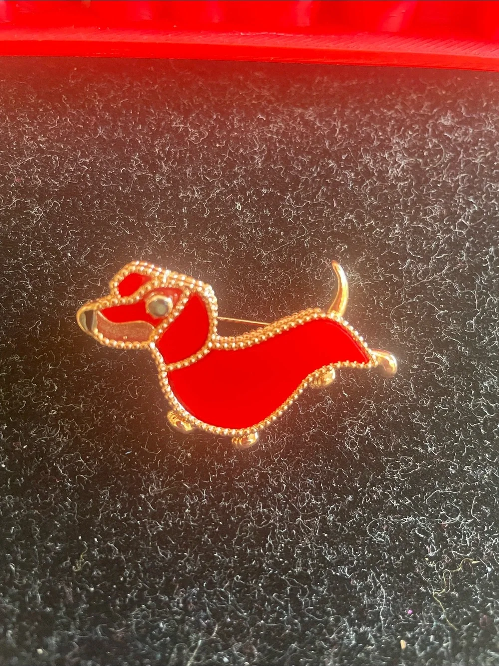 NWOT-Red Dachshund Dog Brooch - Gold Trim